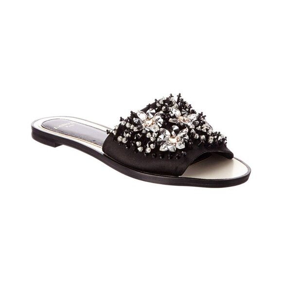 LANVIN 10mm Swarovski Crystal and Bead-Embellished Satin Slides in Black - Picture 2 of 4